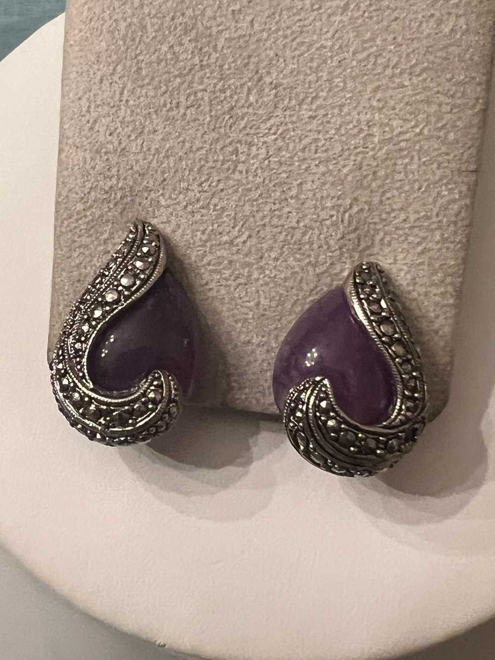Vintage Avon purple teardrop acrylic and Marcasite style clip on earrings